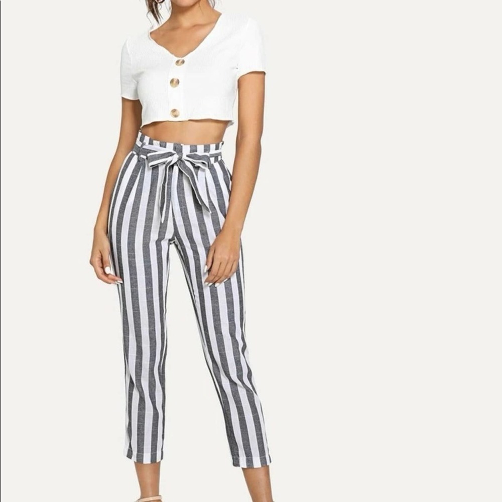 Grey & White Striped paperbag waist Cropped Linen Pants - S